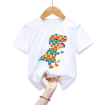 Avtizem Zavedanje T-Majice za Otroke Kratek Rokav Obleka Živali Barvni Mozaik Dinozavri Vrhovi Fantje Dekleta Priložnostne Modni T-Majice