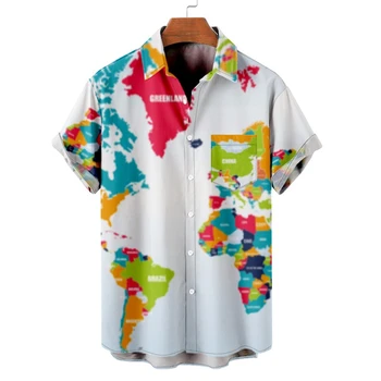 2023 Modni Zemljevid Vzorec Tiskanja Moške Hawaiian Majica Ulica Kratek Rokav Vrh Svoboden Plaži Majica za Moške Camisa Masculina