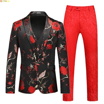 Luksuzna moška Obleka 3-delni Komplet (Jakna+Telovnik+Hlače) svate Slim Obleko, Plašč, Hlače Waistcoat Modra Rdeča Zelena Jopič Ustreza