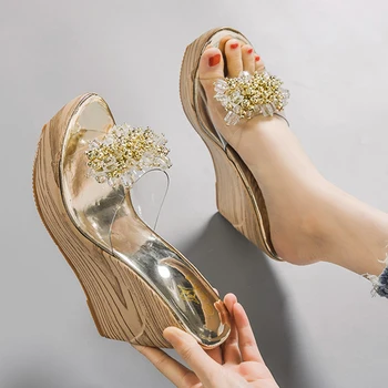 Zlato/Srebro jasno čevlji dame lesa klini copate kolački kristalno noge sandales cvet pregleden band ženske platformo sandali