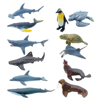 12Pcs Morju Živalskih Modelih Shark Kita, Želve, Morski Lev Pingvin Dolphin Model Ornament Miniaturni Ocean Živali, Rib Figur Igrače