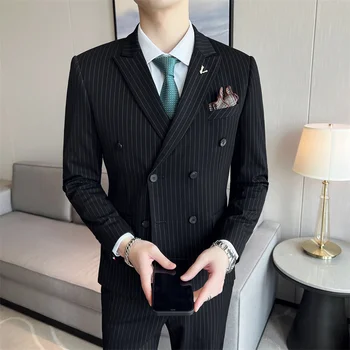 (Jakne+Telovnik+Hlače) Moški Korejski Blazerji Slim Preverite Britanski Poslovna Obleka Moških Tri Kos, Poroka, Nevesta Poročni Človek Obleko