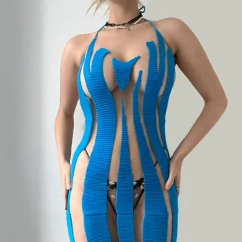 Zoctuo Povodcem Brez Rokavov Backless Čipke Mozaik Glej Skozi Seksi Mini Obleka Za Poletje Ženske Modne Obleke Plaži, Počitnice