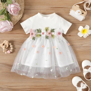 PatPat Obleke, Kopalke za Dojenčke 2023 Baby Dekle Belušno Kratek rokav Razrezana Vezeni Cvetlični Mrežasto Obleko
