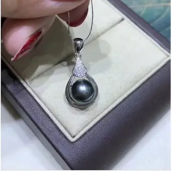 Krasen AAA 9-10 mm južno morje krog Black pearl obesek ogrlica 925s
