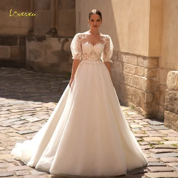 Loverxu A-Linije Elegantne Poročne Obleke 2023 Ljubica Kratek Rokav Vestido De Novia Čipke Sequined Bleščice Haljo De Mariee