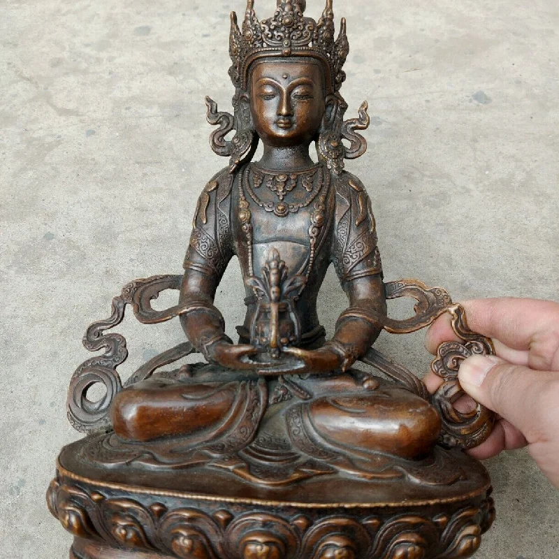 30 cm kip Bude, stare Handcarved Budizem bronasto Amitayus Amitabha Sakyamuni