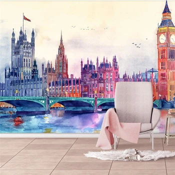 wellyu Akvarel Evropske znameniti arhitekturi, TV, kavč zidu po meri, velika zidana zeleno ozadje de papel parede par quarto