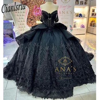 Vintage Black Appliques Zelena 3D Cvetje Quinceanera Obleke Žogo Obleke Korzet Princesa Obleko vestidos de quinceañera aqua