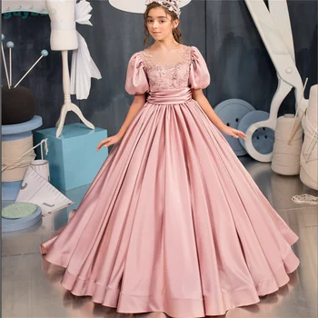 Temno Roza Princesa Obleko Zabuhle Roža Punca Obleke A-Line Comunion Obleke Roža Punca Obleke za Poroko Haljo Ceremonie