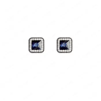 Retro francosko Modra Kristal Kvadratnih Uhani 925 Srebro Pin Uhani za ušesa prstan uhani