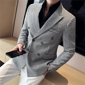 Britanski Stil Dvojno Zapenjanje Moda Houndstooth Jopič Jopiči Za Moške Oblačila 2023 Poslovnih Formalno Obrabe Priložnostne Obleko Coats