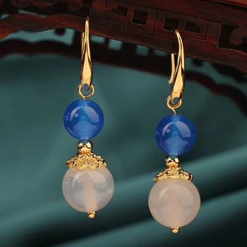 Moda Kitajske veter Letnik Blue crystal pearl Spusti uhani,Narave kamni uhani Etnične Nakit za ženske, darilo
