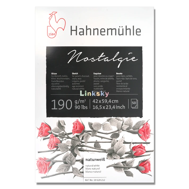 Hahnemuhle Nostalgie Skica Pad, 190 g 50 Listov, A2, A3, A4, A5,Naravno Bela,težka Risal Papir, Svinčnik, Oglje, Pasteli.