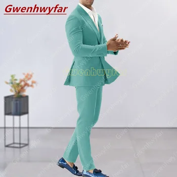 Gwenhwyfar Prilagojene Turkizno Jopičem Poročno Obleko za Moške Slim Fit Podjetje Formalno Stranko Obleko Človek Maturantski Dvojno zapenjanje Jopič