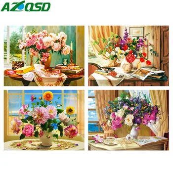 AZQSD Barvanje S Številko Platno Kompleti Cvet Vrtnice Home Decor Art Cvetlični Okno Drawing Hand Barve Kompleti Na Platno 40x50cm Uokvirjena