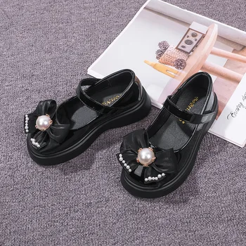 Dekliški usnjeni čevlji Princesa čevlji za Otroke mehko dno, lok je črne čevlje